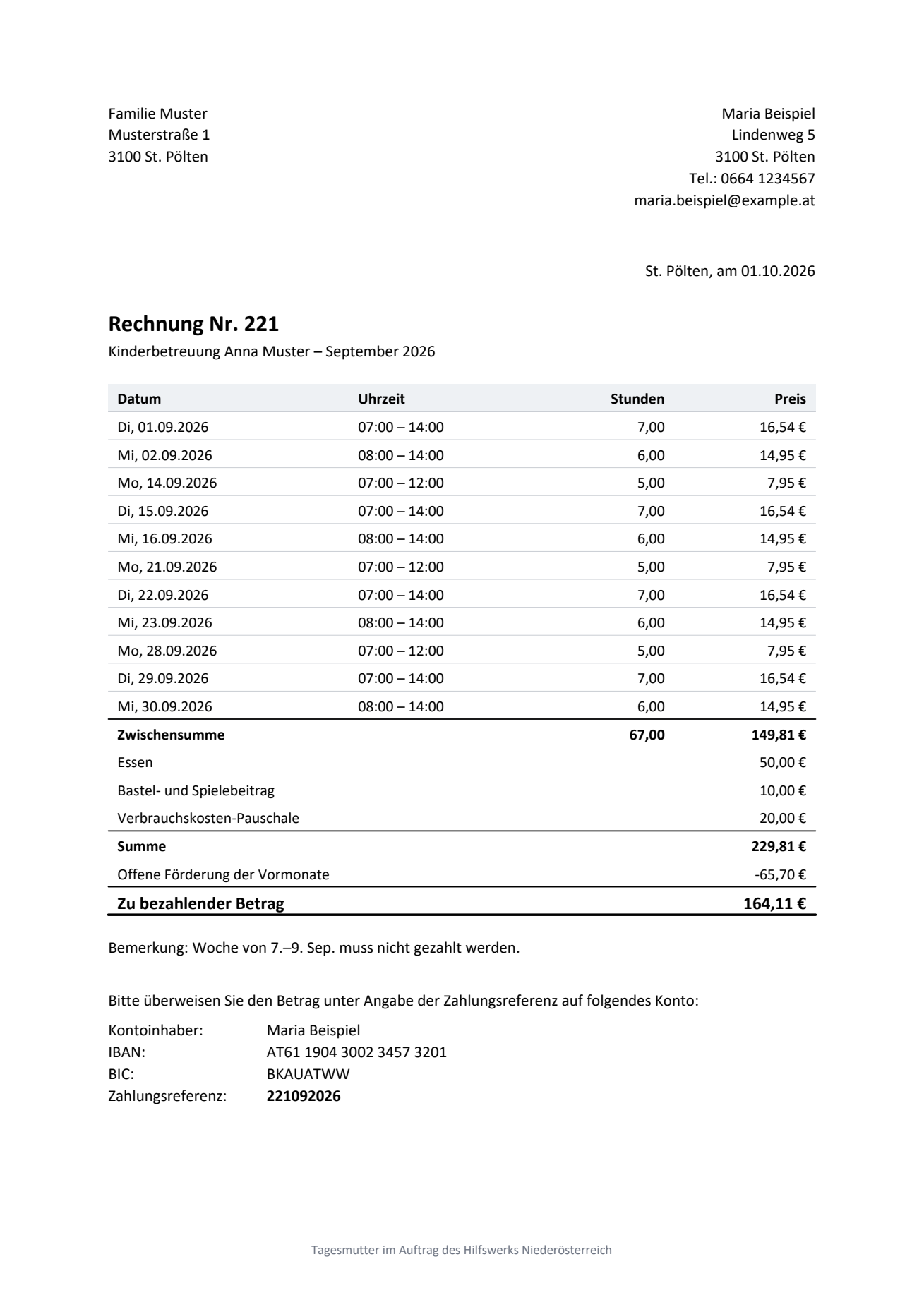 Fertige PDF-Rechnung Nr. 221 für September 2026